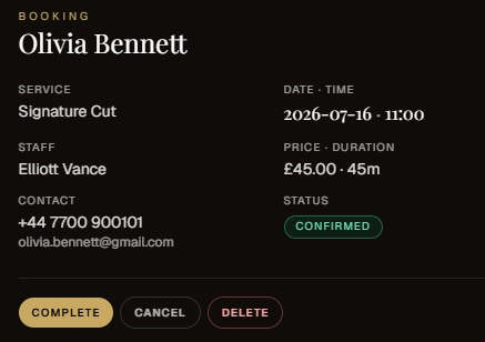 A booking detail pop-up in the Buklot admin